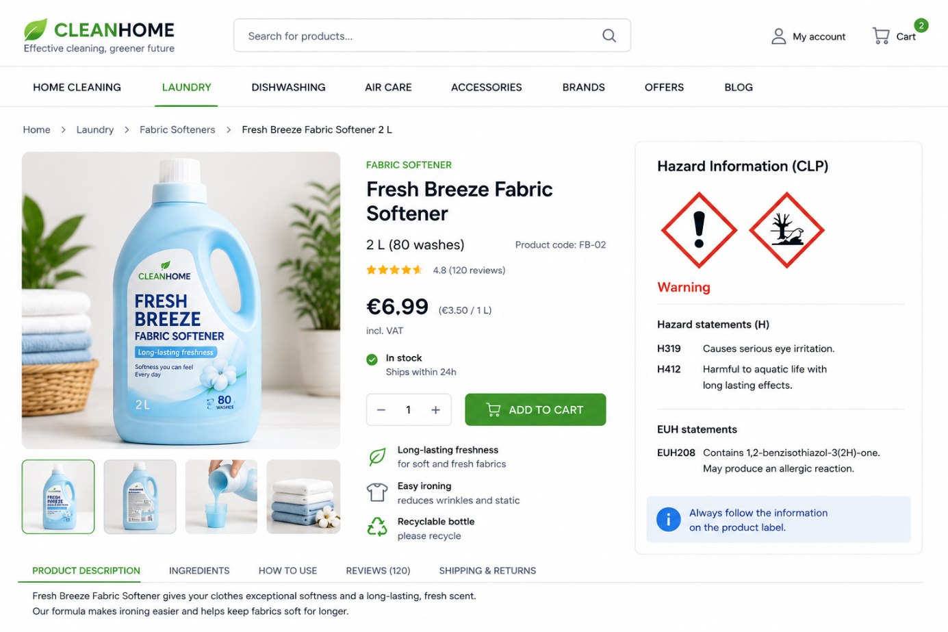 CLP-compliant online product page showing hazard pictograms and safety information