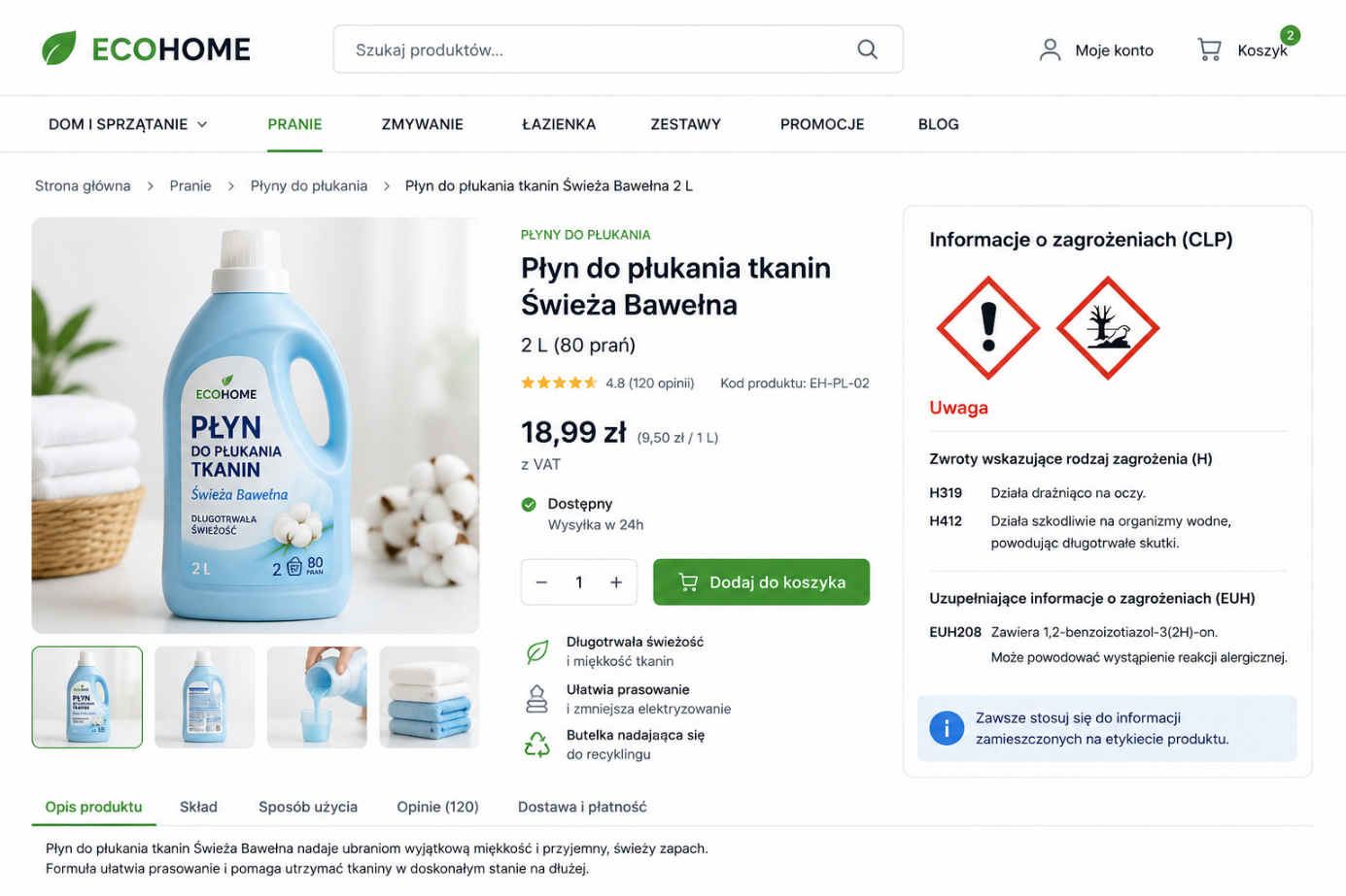 Karta produktu online z informacjami wymaganymi przez CLP