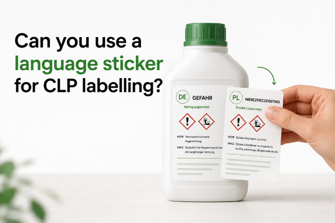 Language overlay sticker with local CLP information applied to a chemical product