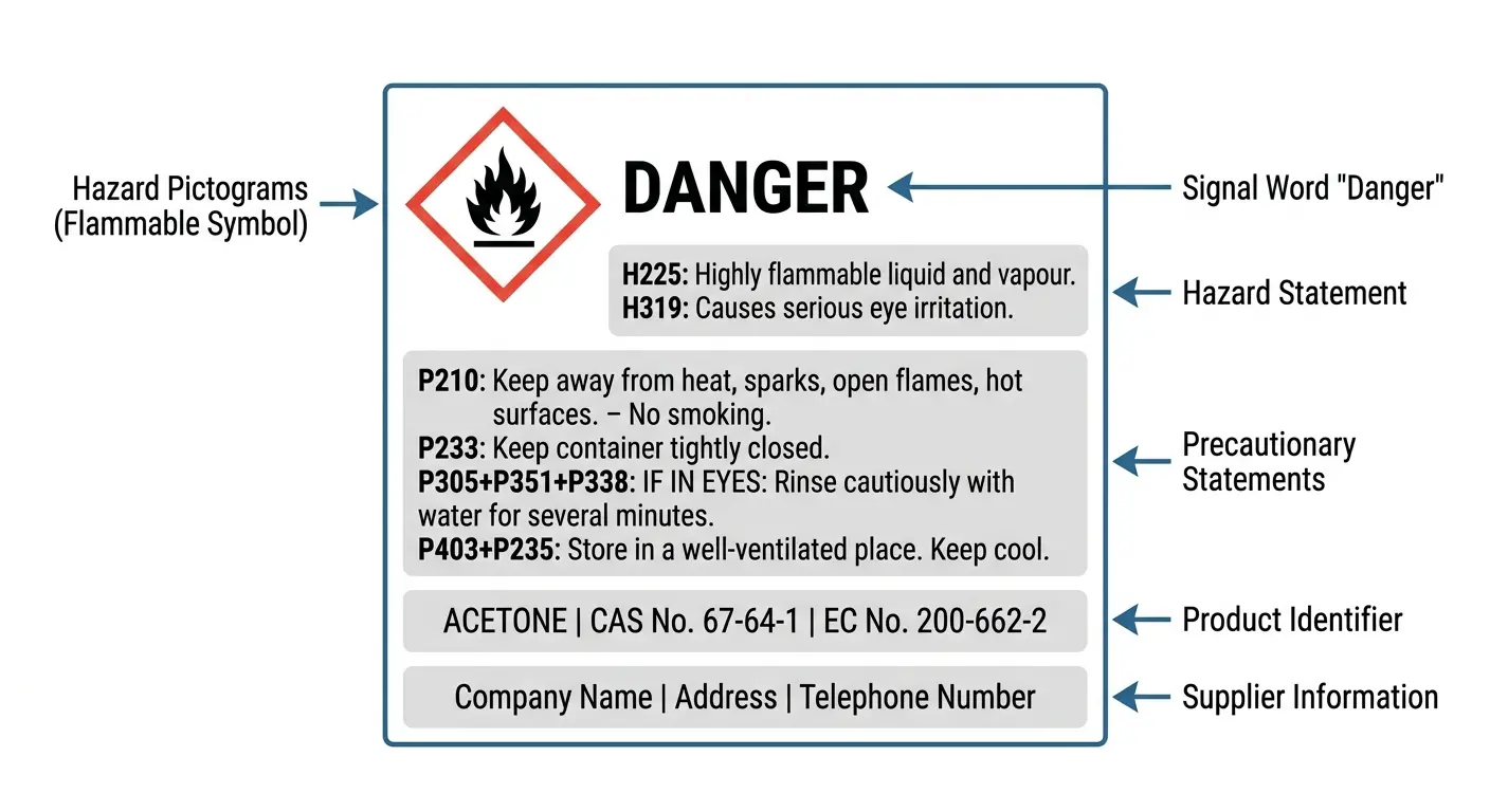 CLP label example showing hazard pictograms, signal word, hazard and precautionary statements