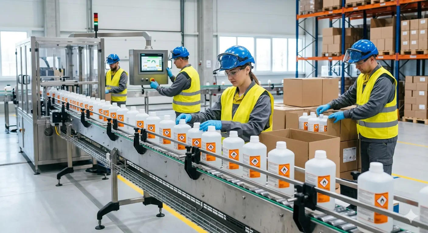 Workers applying labels to chemical products on packaging line