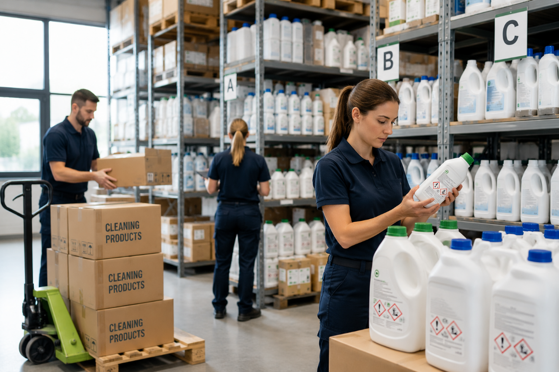 Warehouse workers checking CLP-labelled chemical products in the EU supply chain